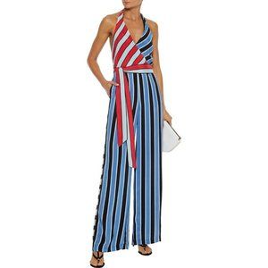 Alice + Olivia Keesha striped wrap halter neck wide leg jumpsuit size 2 $550‎